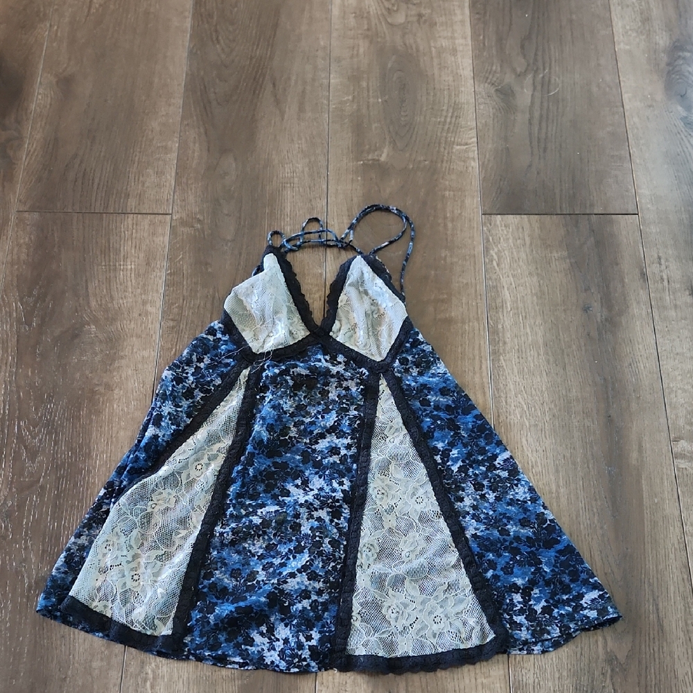 Out From Under Urban Outfitters Blue and Black Lace Chemise Lingerie Babydoll